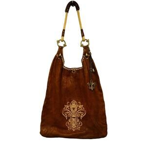 Royal Plush Large Leather Boho Bag with Rope Straps and Metal Charms, Brown